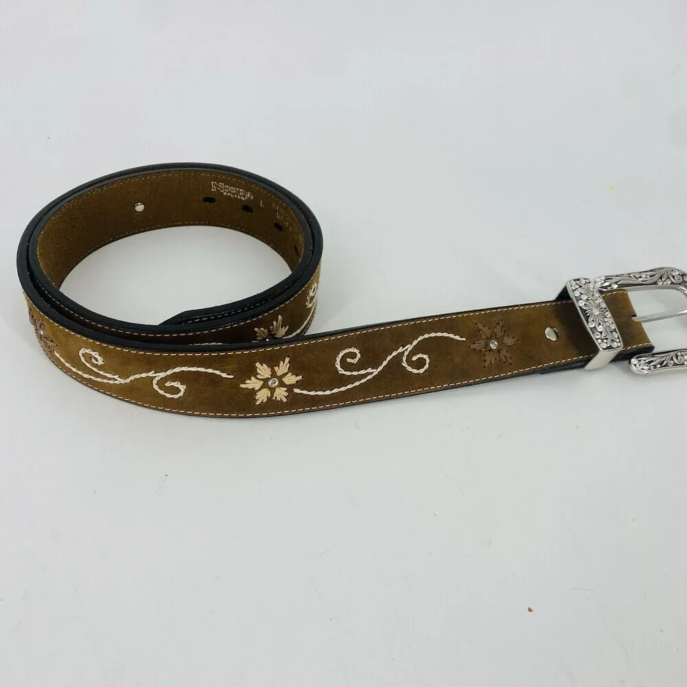 Nocona Belt Co Brown Western Embroidered Leather Belt Large Floral Silver Buckle